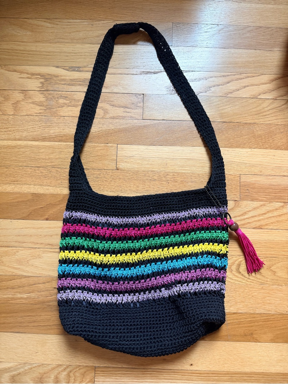 THE SAK -Black Crochet Shoulder Bag with Multicolor Stripes Y2K